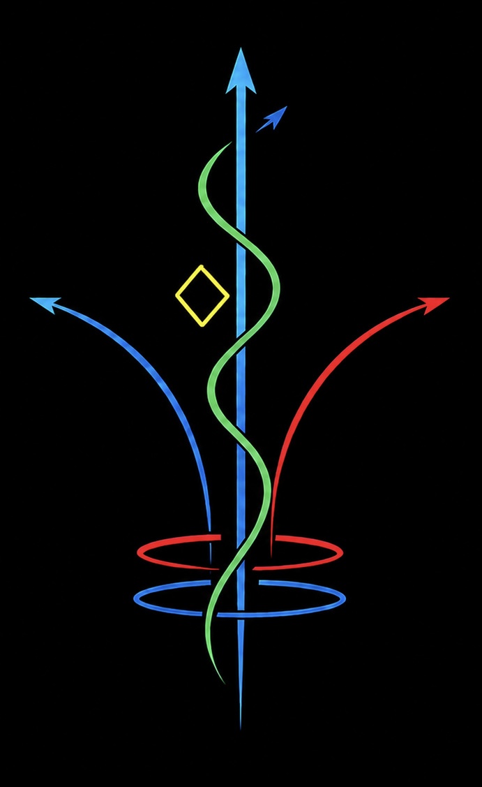 DFLCKT route mark with blue, green and red paths and yellow diamond